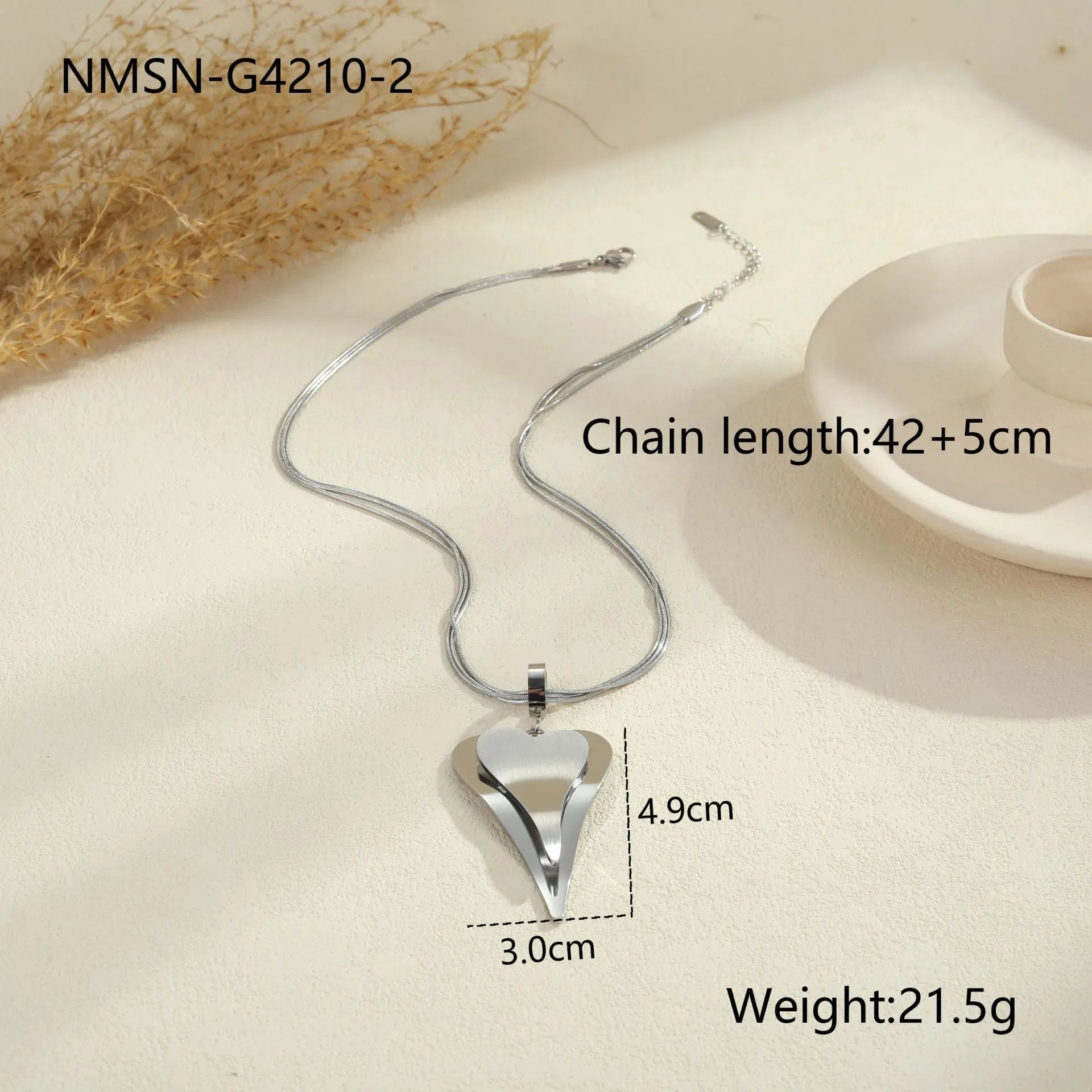 Geometric double heart pendant necklace with snake bones chain in stainless steel, gold tone and steel colour options