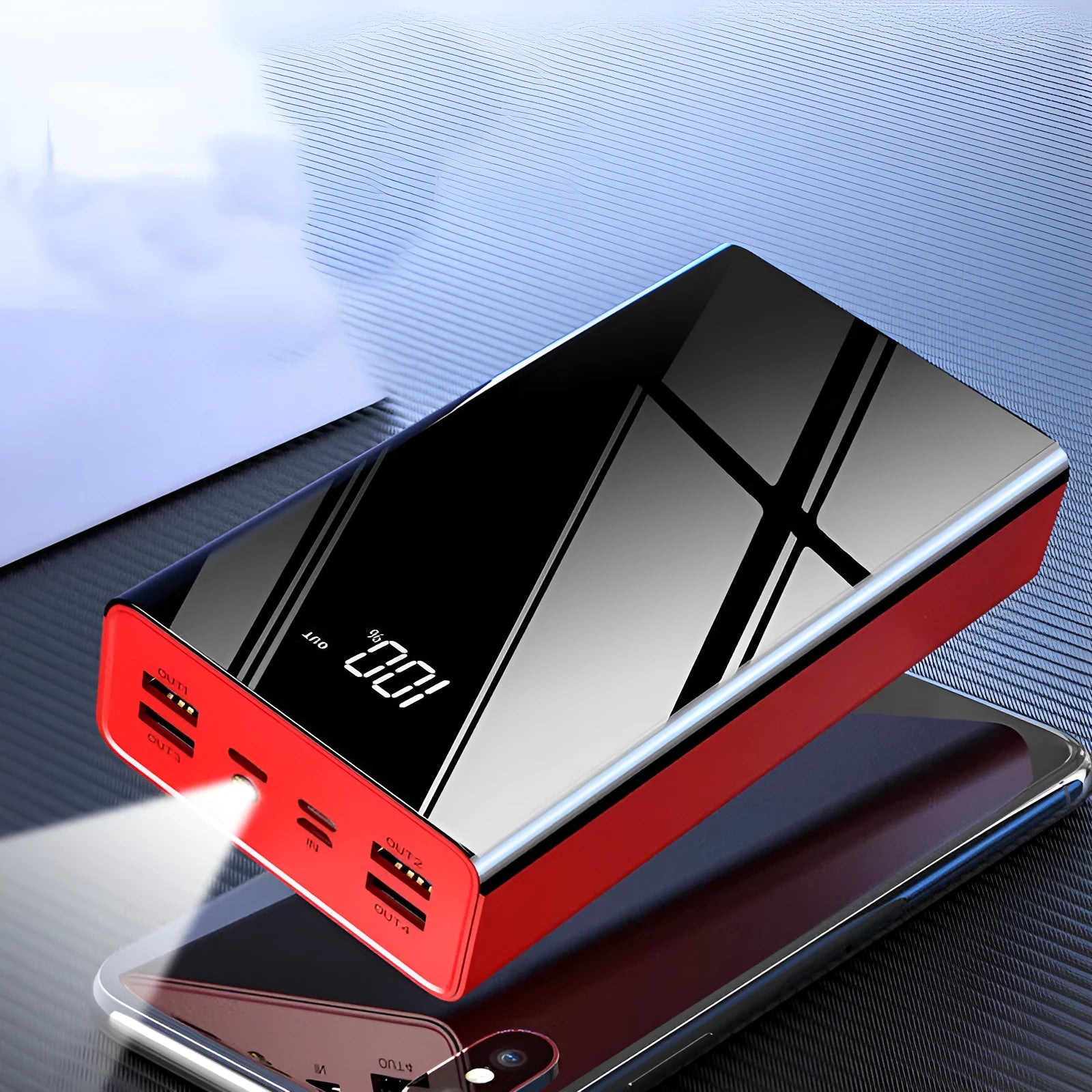 Black and red 40000 mAh power bank showing LCD display with dimensions 156x82x41 mm