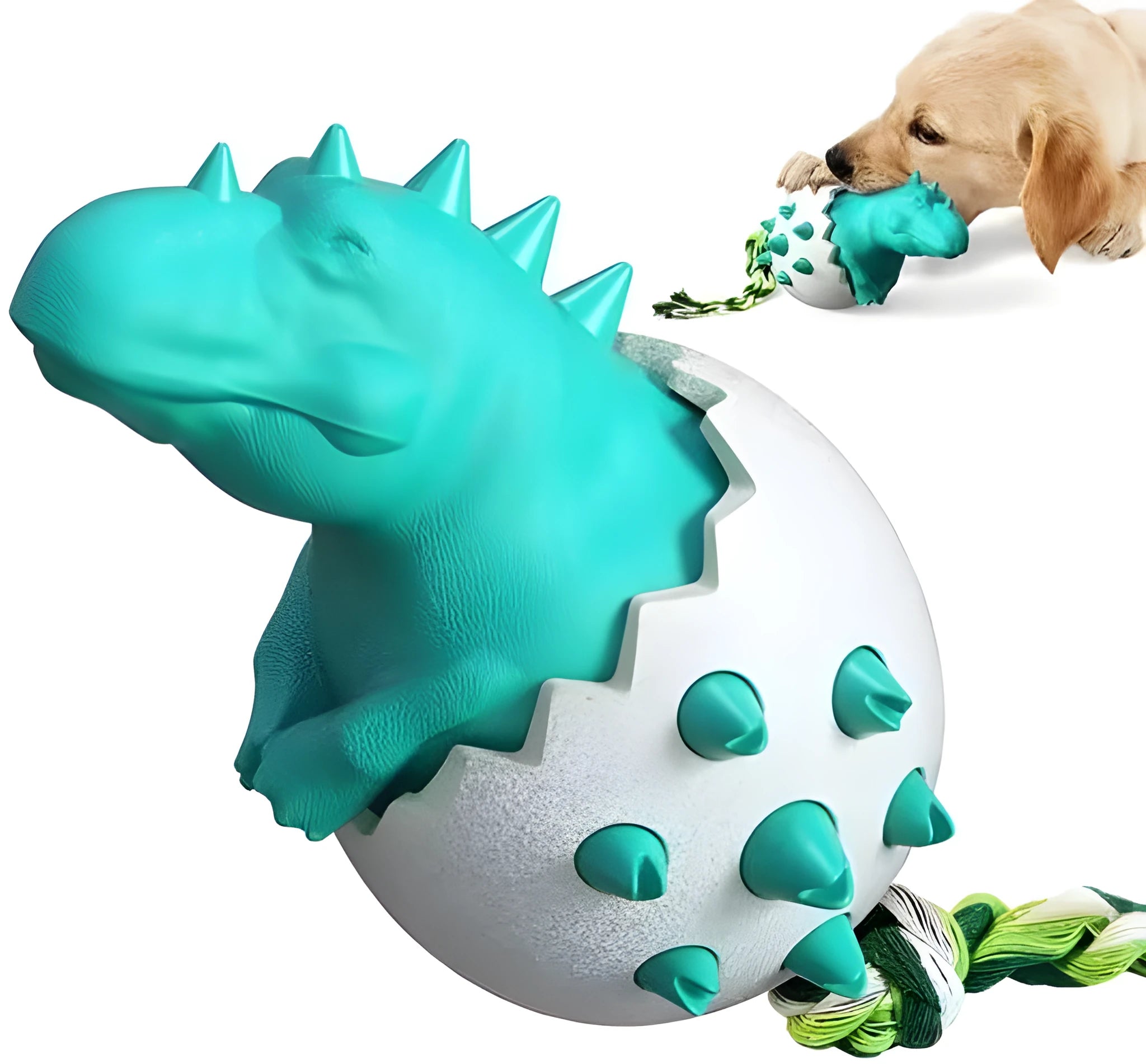 Blue durable dinosaur-shaped dog chew toy with rope for aggressive chewers