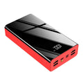 Black and red 40000 mAh power bank showing LCD display with dimensions 156x82x41 mm