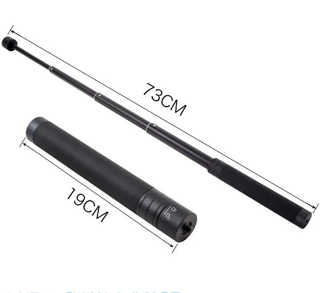 Black retractable metal selfie stick with hand-held stabilizer extended for smartphone photography