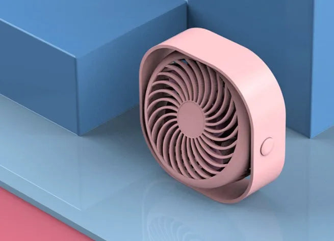 USB desk fan with alarm clock in blue, showing 360-degree rotating head and rotary switch.
