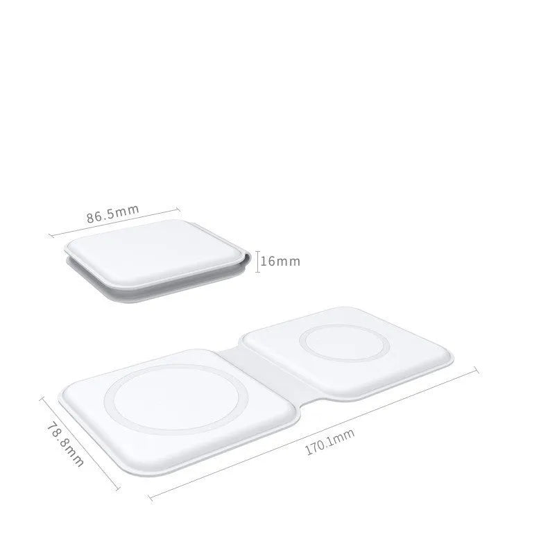 White folding dual magnetic wireless charging dock in stand mode with phone attached