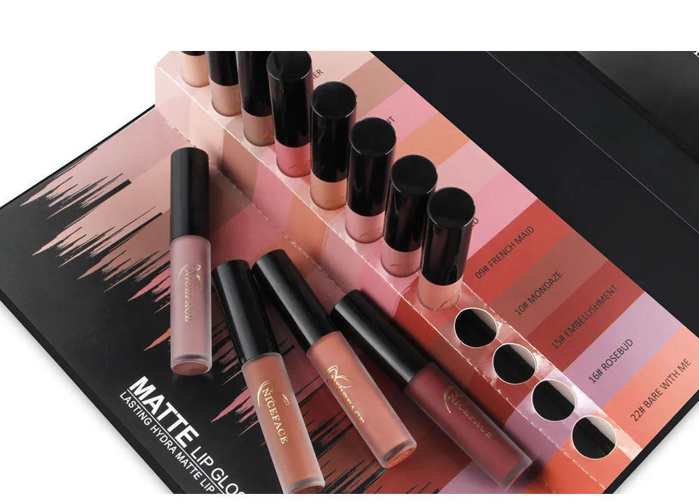 12-colour lip gloss set with 12 different shades in a compact makeup kit