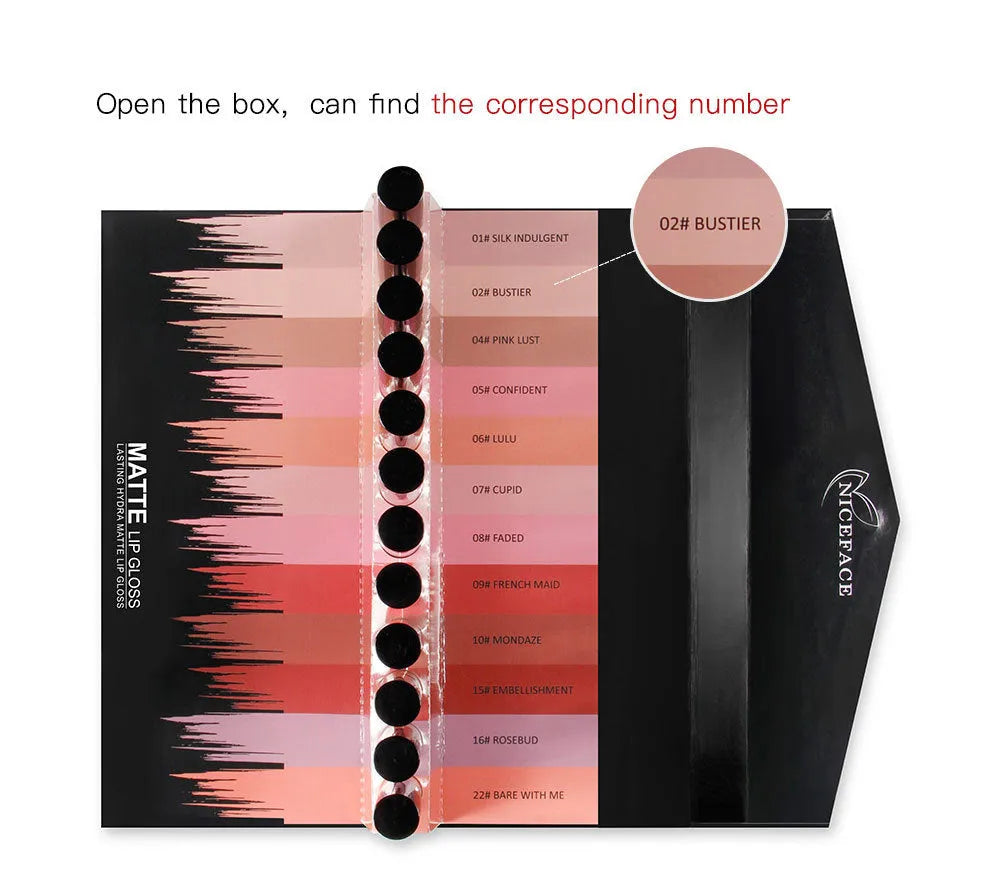 12-colour lip gloss set with 12 different shades in a compact makeup kit