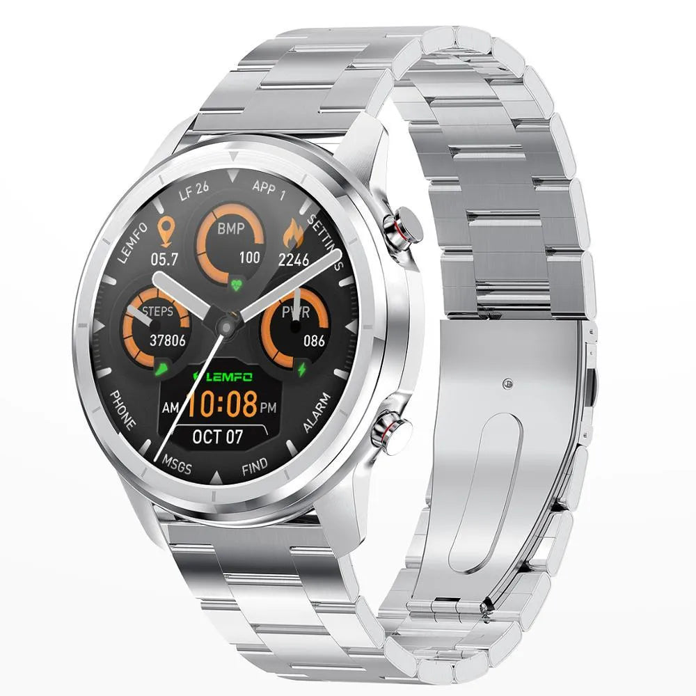 LEMFO LF26 smart bracelet on wrist showing 1.3-inch touchscreen display in silver finish.