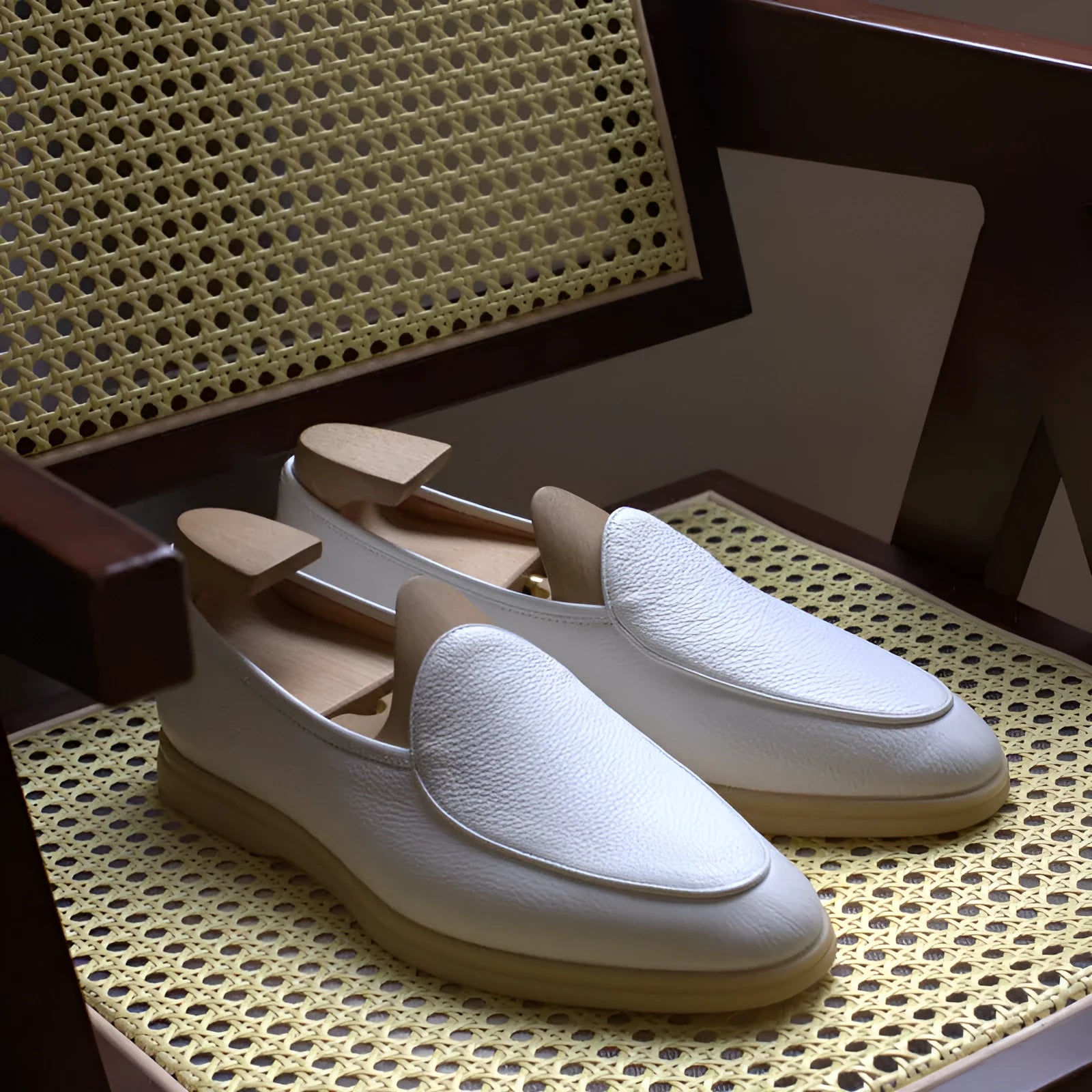 British handmade men's genuine leather loafers in brown with a flat TPR sole.