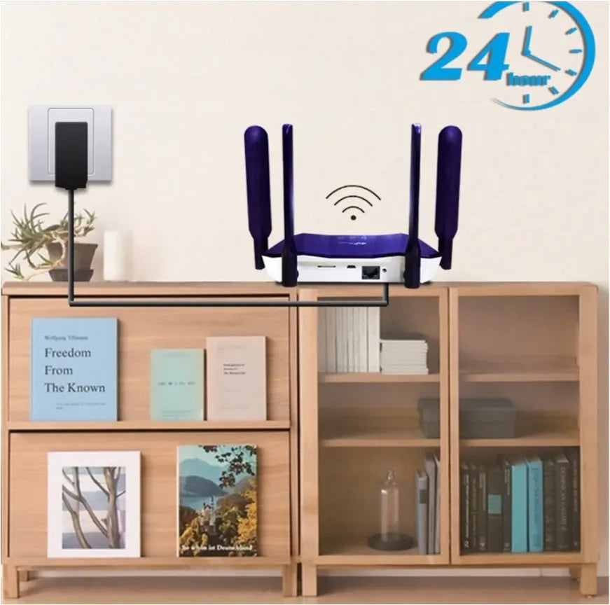 Blue 4G dual-mode wireless router with four extended external antennas.
