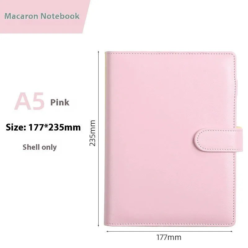 A5 PU leather loose-leaf binder shell with zipper closure shown in various colours.