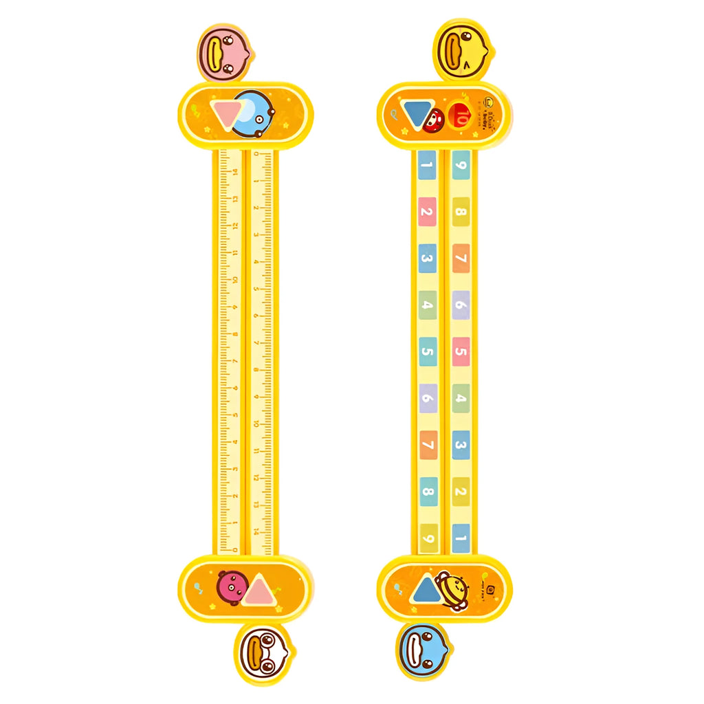 Yellow plastic decomposition ruler for children showing measurement scale and number markings