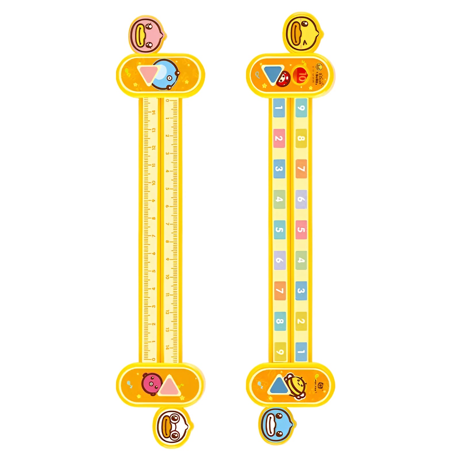 Yellow plastic decomposition ruler for children showing measurement scale and number markings