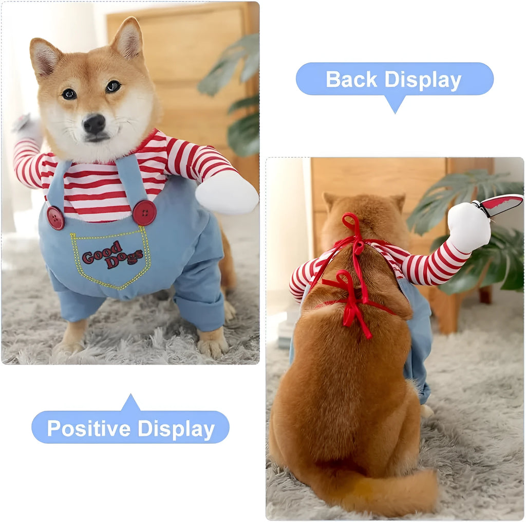 Striped Halloween harness pants costume for dogs and cats with knife accessory, showing sizing chart