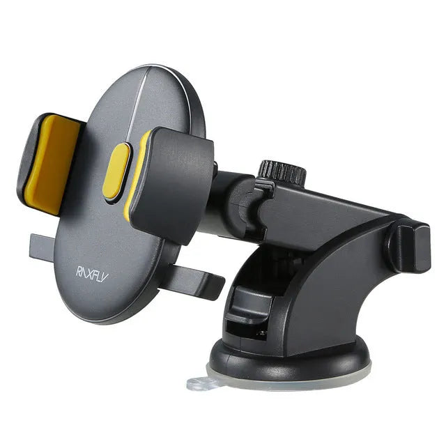 Yellow and black telescopic car phone holder with suction cup mounted on dashboard showing 360-degree rotation