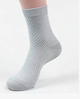 Men's bamboo fibre business socks in grey blue with a small square pattern.