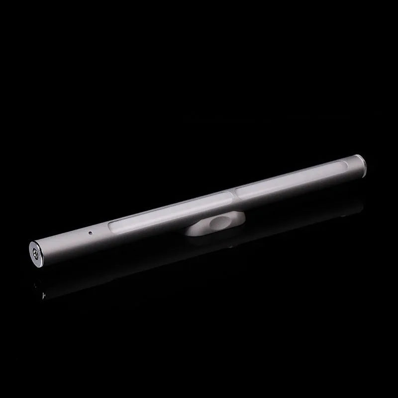 Silver handheld UV disinfection stick on white background, USB rechargeable, 20x300mm, PC aluminium construction