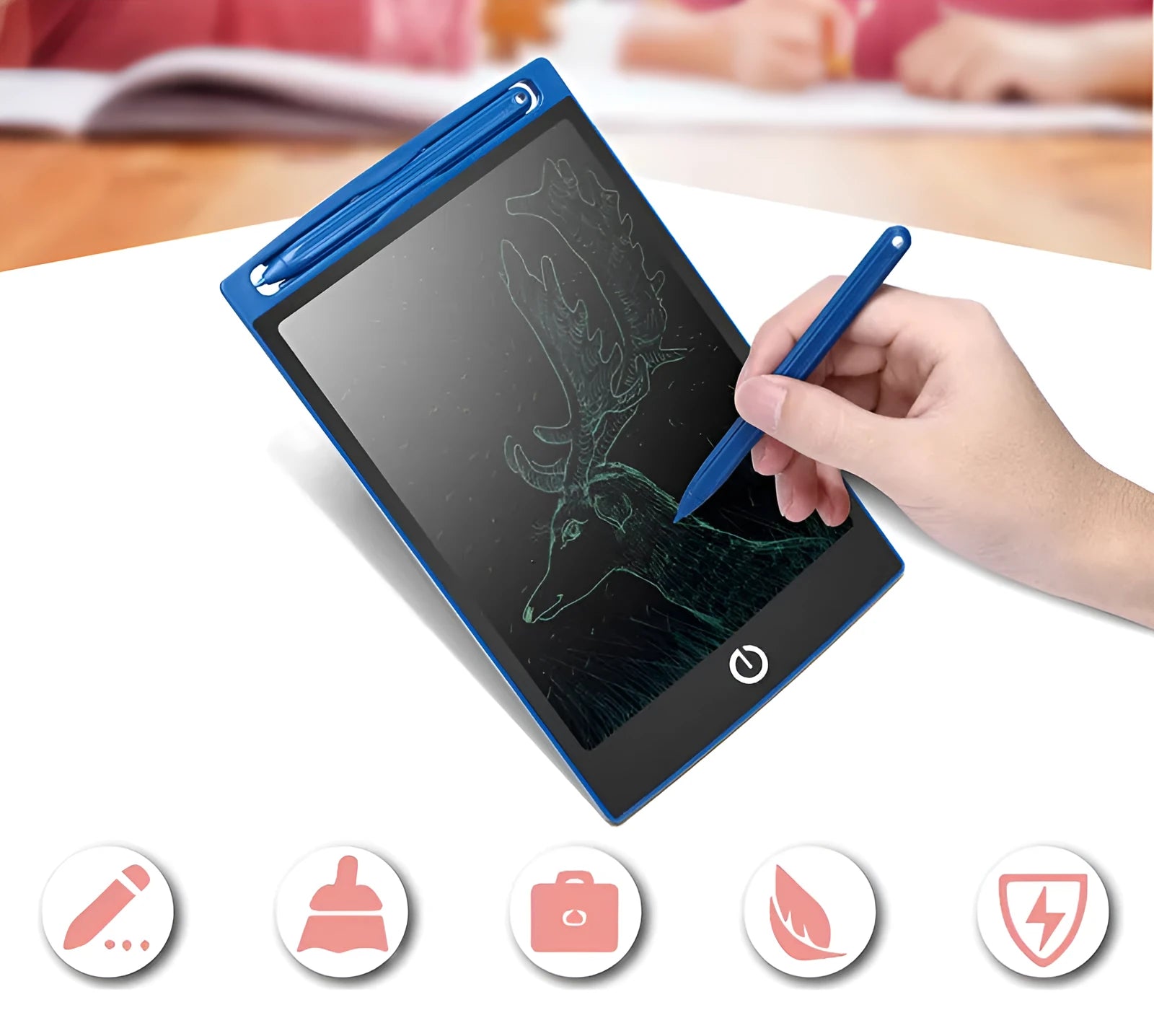 Black LCD writing tablet with ABS frame and blue-green display, 8.5 inch screen, side view showing slim profile