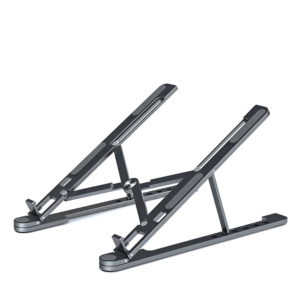Portable aluminum laptop stand folded and unfolded, showing adjustable height and silver colour