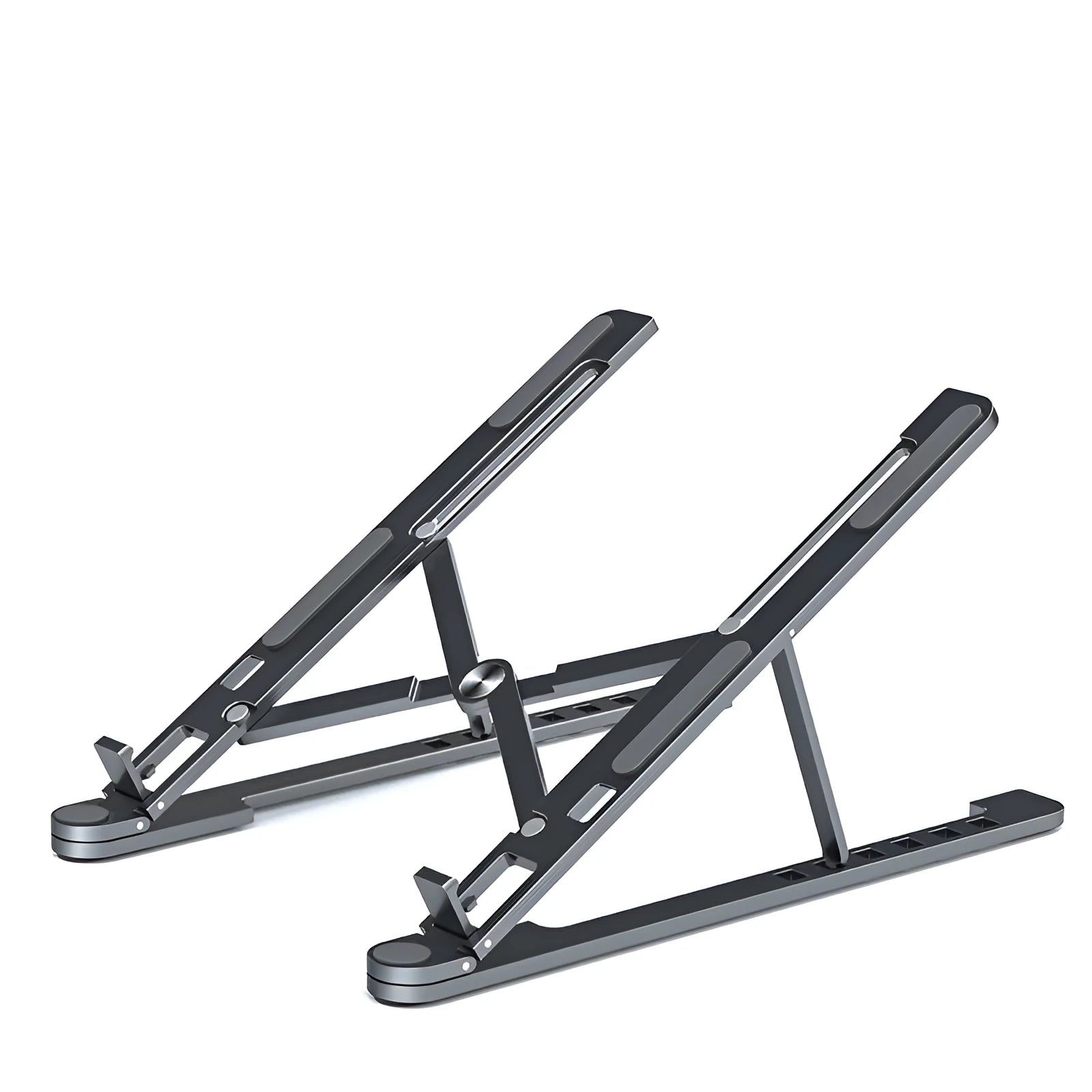 Portable aluminum laptop stand folded and unfolded, showing adjustable height and silver colour