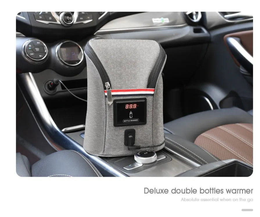 Grey Oxford cloth portable car USB baby bottle warmer with electronic display and carry handle