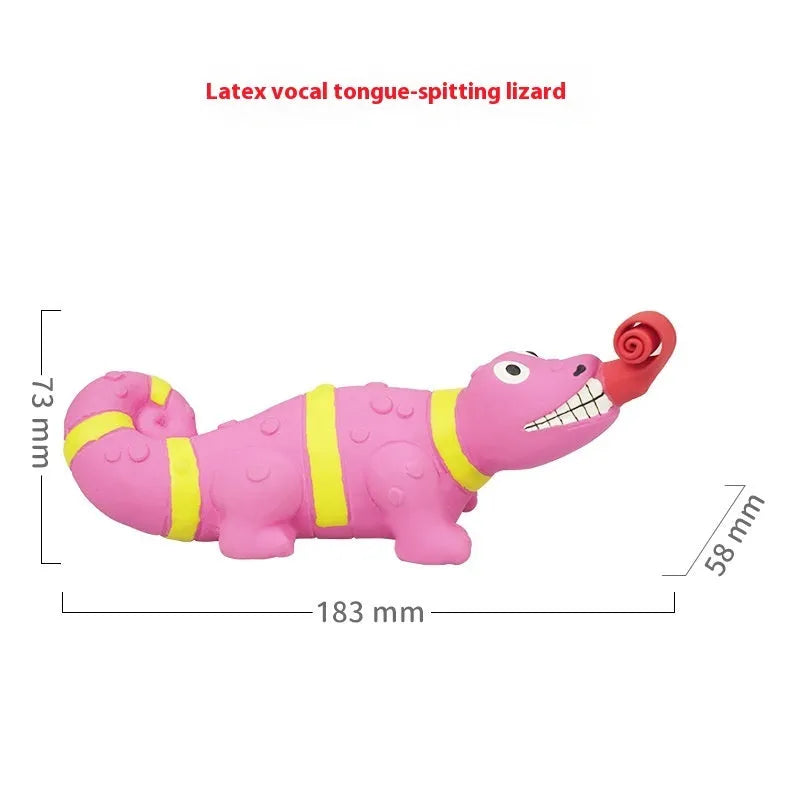 Latex tongue-sticking lizard sounding toy in crocodile colour on white background