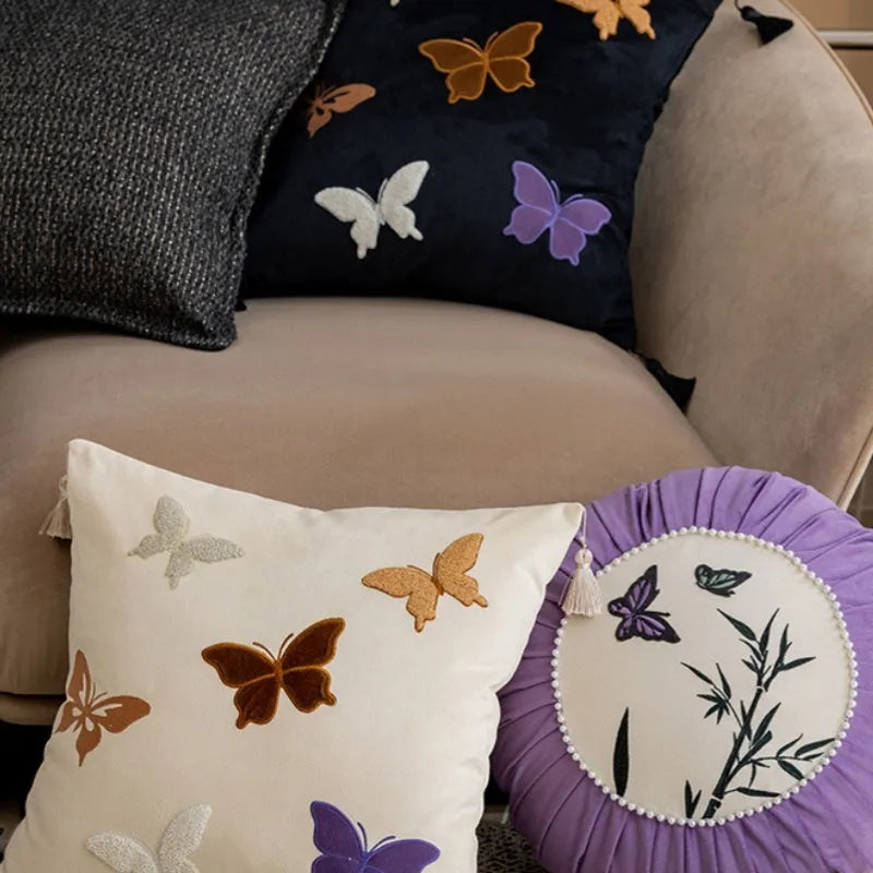 Square beige cushion with black butterfly embroidery in Chinese style