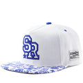 Cotton baseball cap with embroidered lettering in black or white with adjustable strap