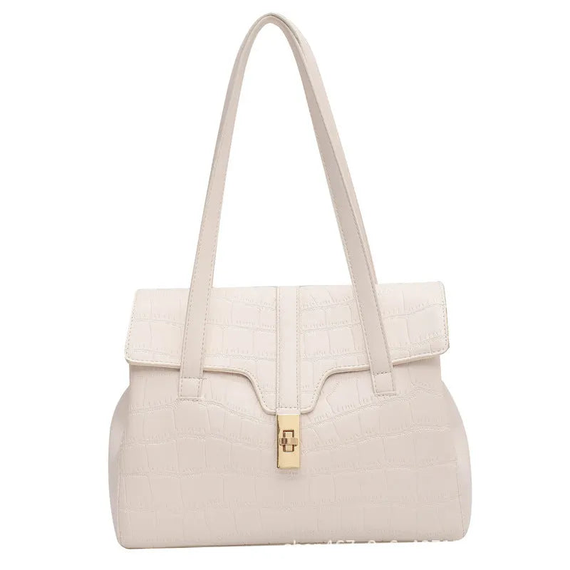 Women's medium bucket shoulder bag with crocodile pattern PU, lock closure, and double handles in white, khaki, black, brown