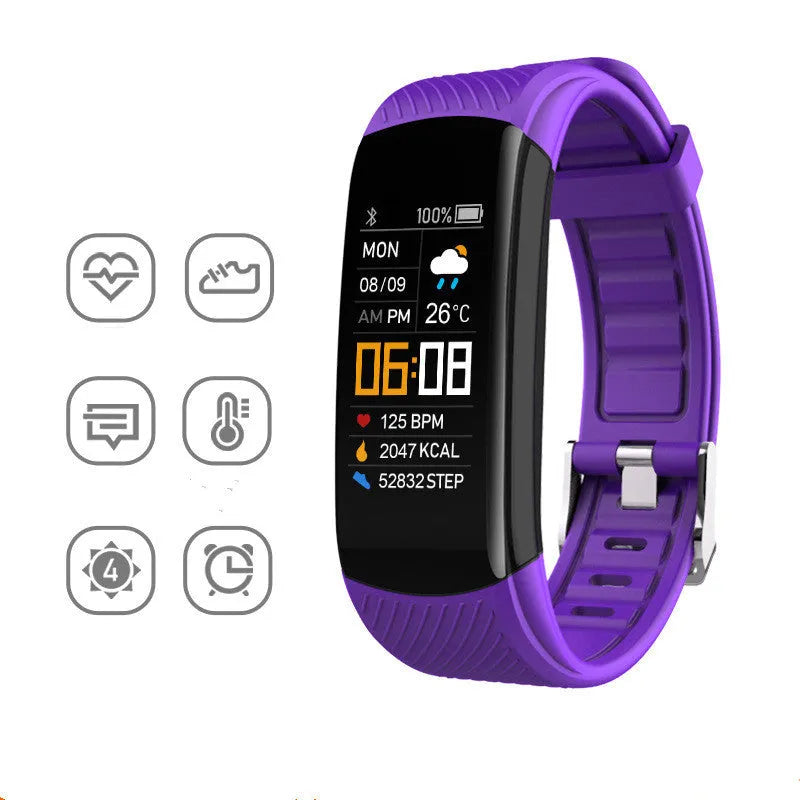 C5S model sports pedometer bracelet in various colours on a wrist, showing 0.96-inch screen.