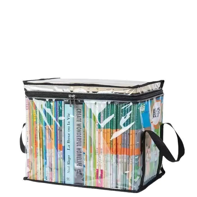 Large transparent foldable PVC storage bag showing inside, with sealing zip and dimensions 38x24x32cm.