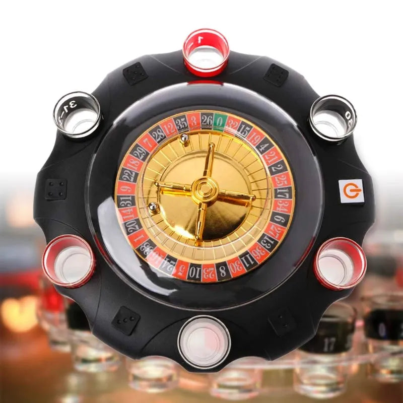 Electric Russian lucky wheel roulette wine set with spinning turntable, six glass shot glasses, and two steel balls on a table