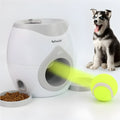 White plastic tennis food reward machine for interactive dog training with snack dispensing