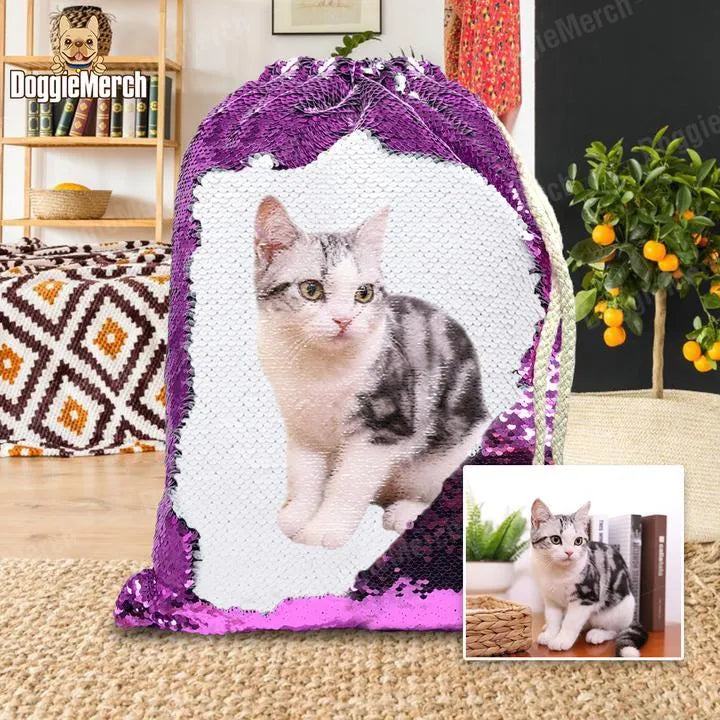 Personalised pet photo backpack with purple sequins and custom dog photograph, drawstring closure