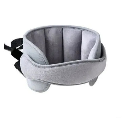 Child car seat head support in blue with hook and loop neck strap and rear waistband