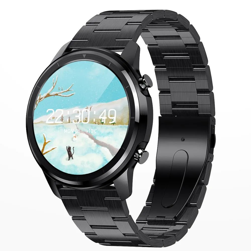 LEMFO LF26 smart bracelet on wrist showing 1.3-inch touchscreen display in silver finish.