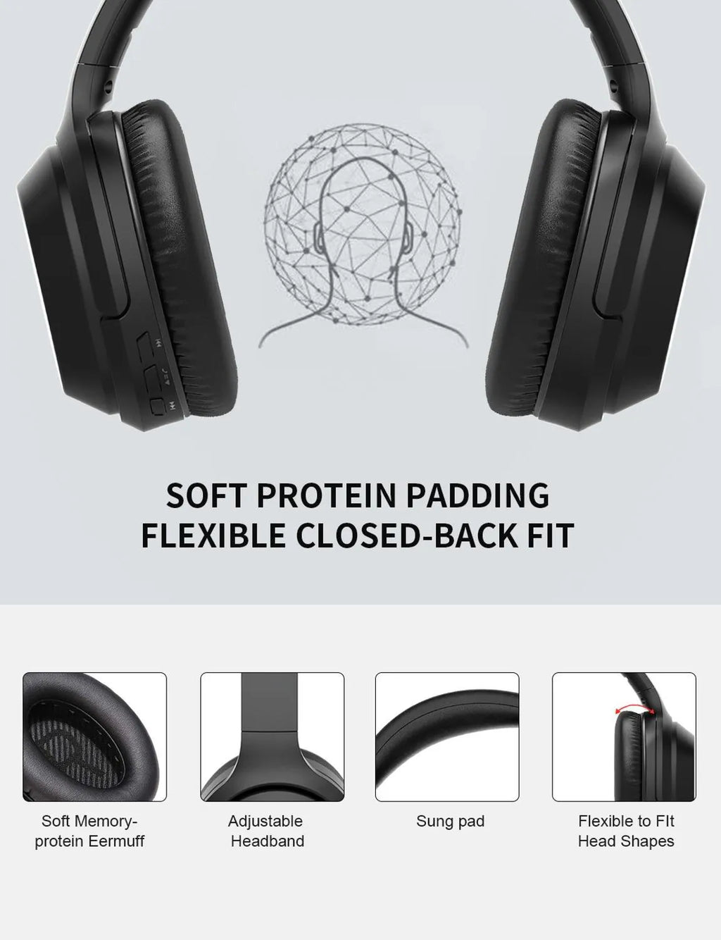 Black gorsun E98 over-ear wireless Bluetooth headphones with adjustable headband and memory-protein ear cushions.
