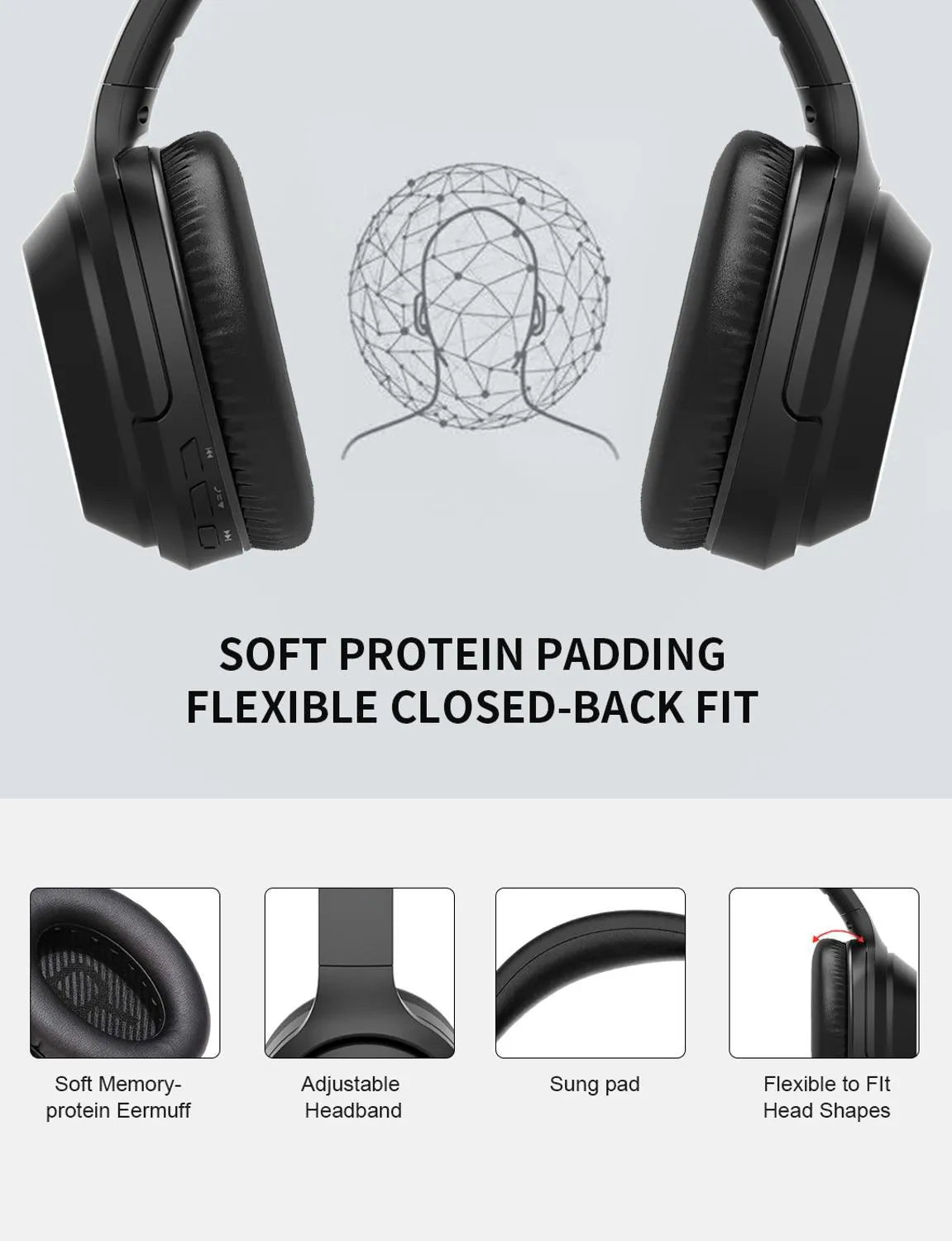 Black gorsun E98 over-ear wireless Bluetooth headphones with adjustable headband and memory-protein ear cushions.