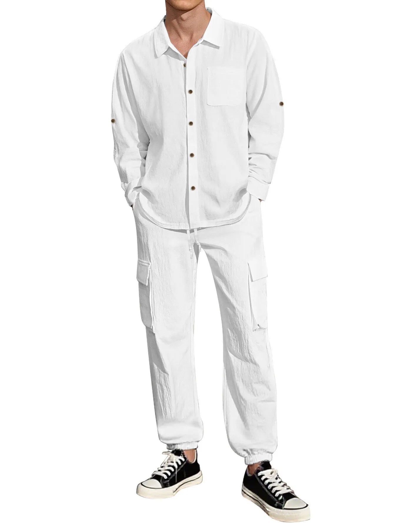 Long sleeve lapel linen shirt and trousers suit set for women in apricot colour on white background
