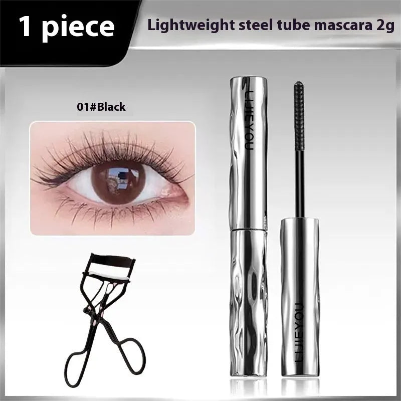 Waterproof black and brown steel tube mascara with optional eyelash curler.