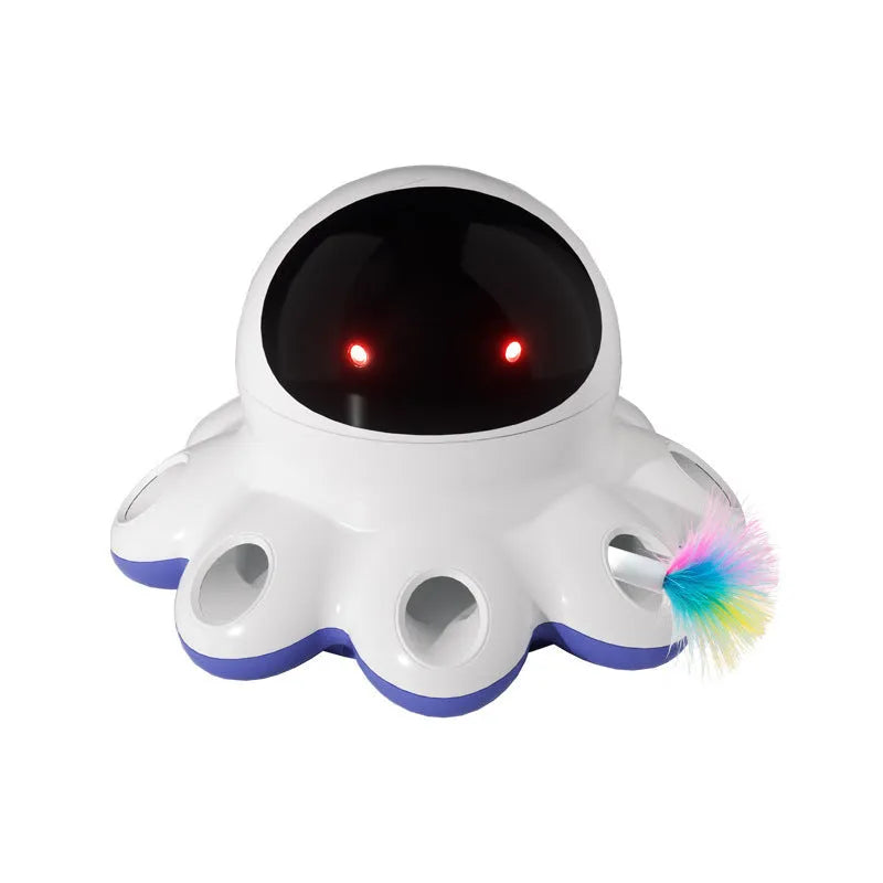 Automatic electric cat teaser toy with shiny spinning feathers in colourful plastic housing