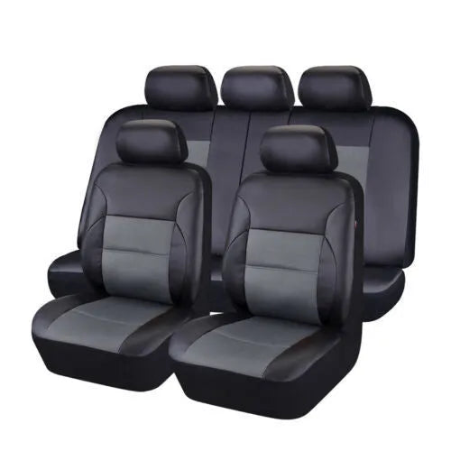 Artificial leather car seat cover set shown in vehicle with colour options and different set configurations