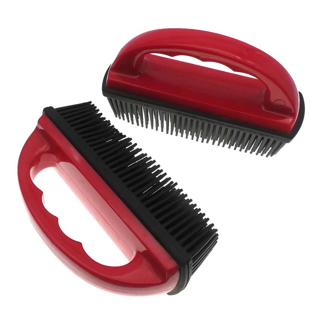 Red pet hair removal brush measuring 160mm by 85mm for bath massage and carpet cleaning