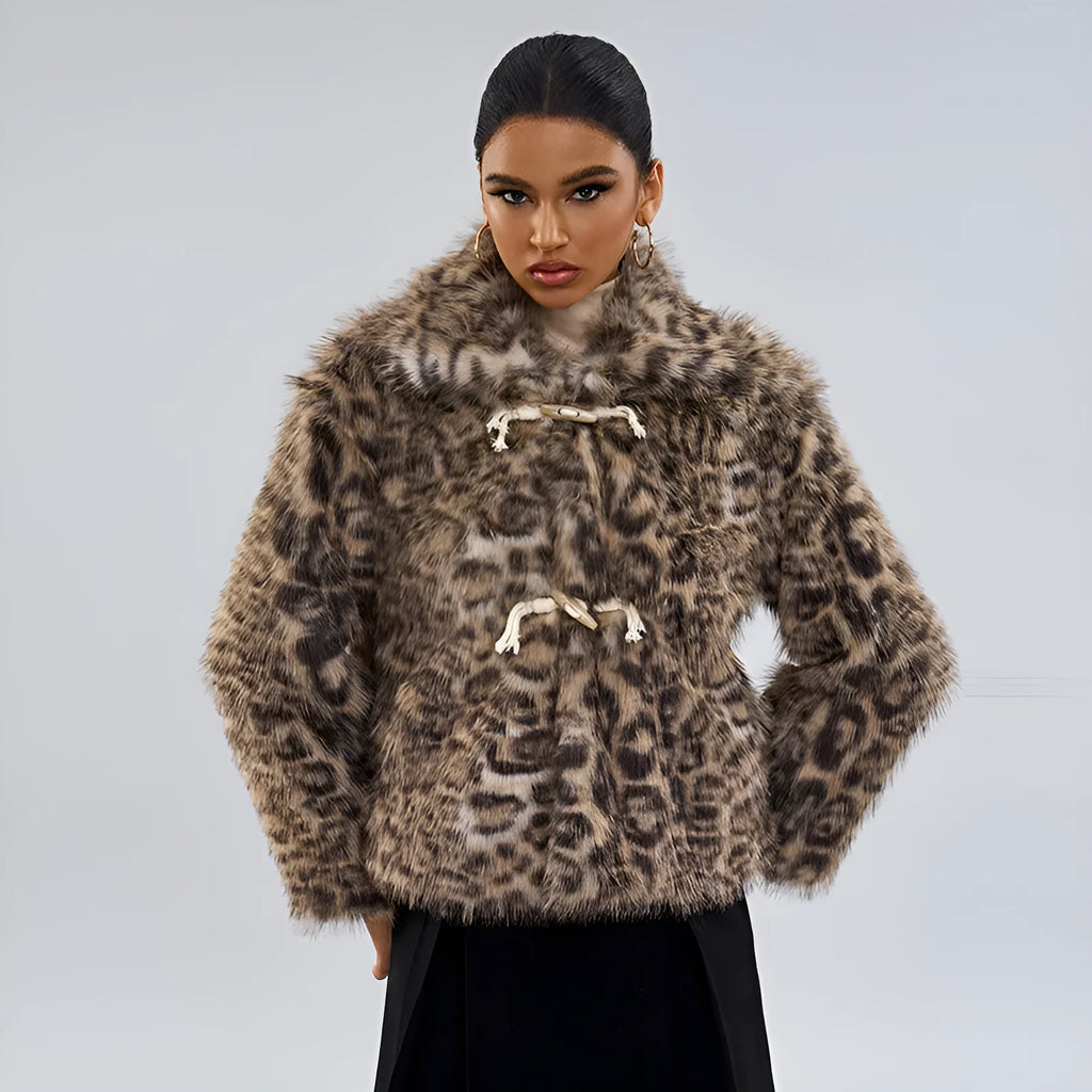 Women's leopard print buckle lapel coat with regular sleeves in street fashion style