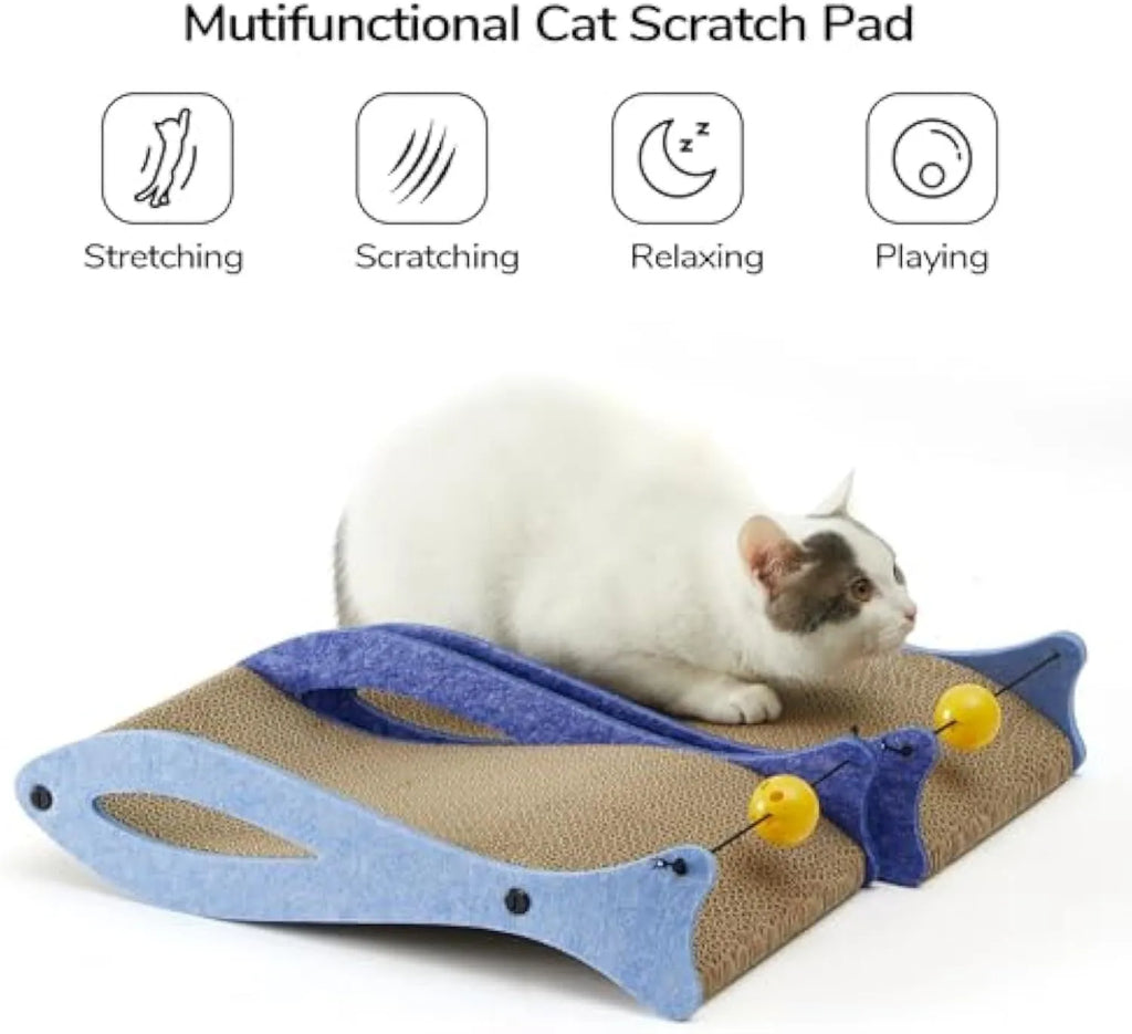 Blue fish-shaped cat scratcher with wavy lounge design and hanging bell ball toy for indoor feline enrichment