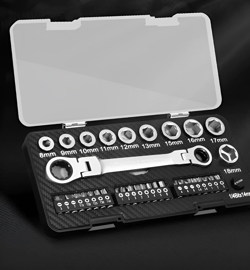 Dual-purpose ratchet wrench set with sockets and batch heads on grey background