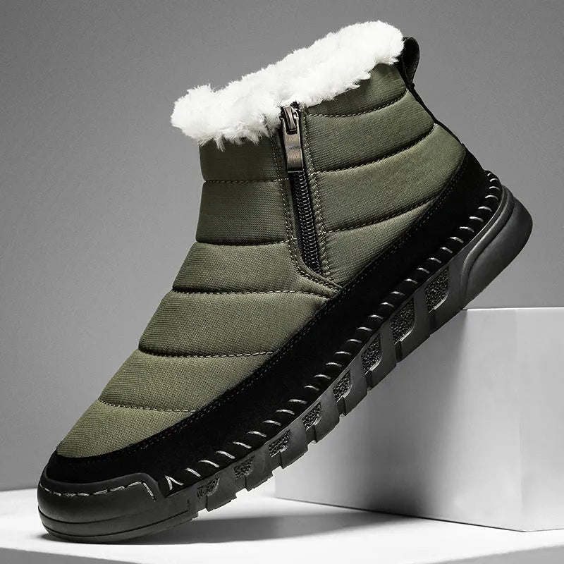 Men's plus size insulated snow boot in black with cotton upper and non-slip rubber sole.
