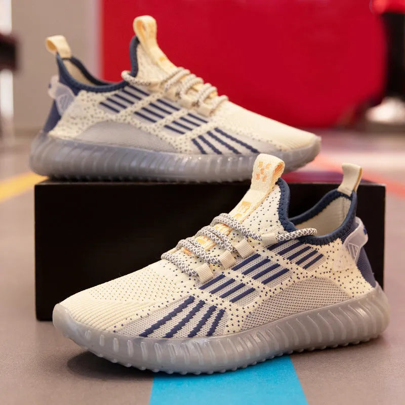 Men's breathable flying fabric sports shoes in white, black, or khaki with platform heel and round toe design