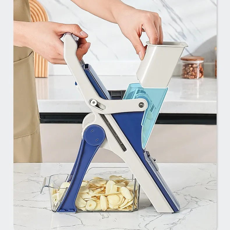 Purple vegetable chopper with stainless steel wire planer on kitchen counter