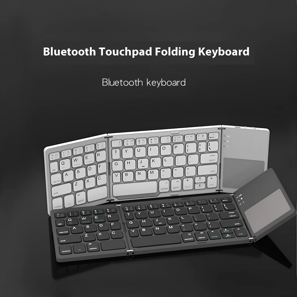 Black tri-fold Bluetooth keyboard shown open next to a smartphone, highlighting its slim 0.8cm profile.