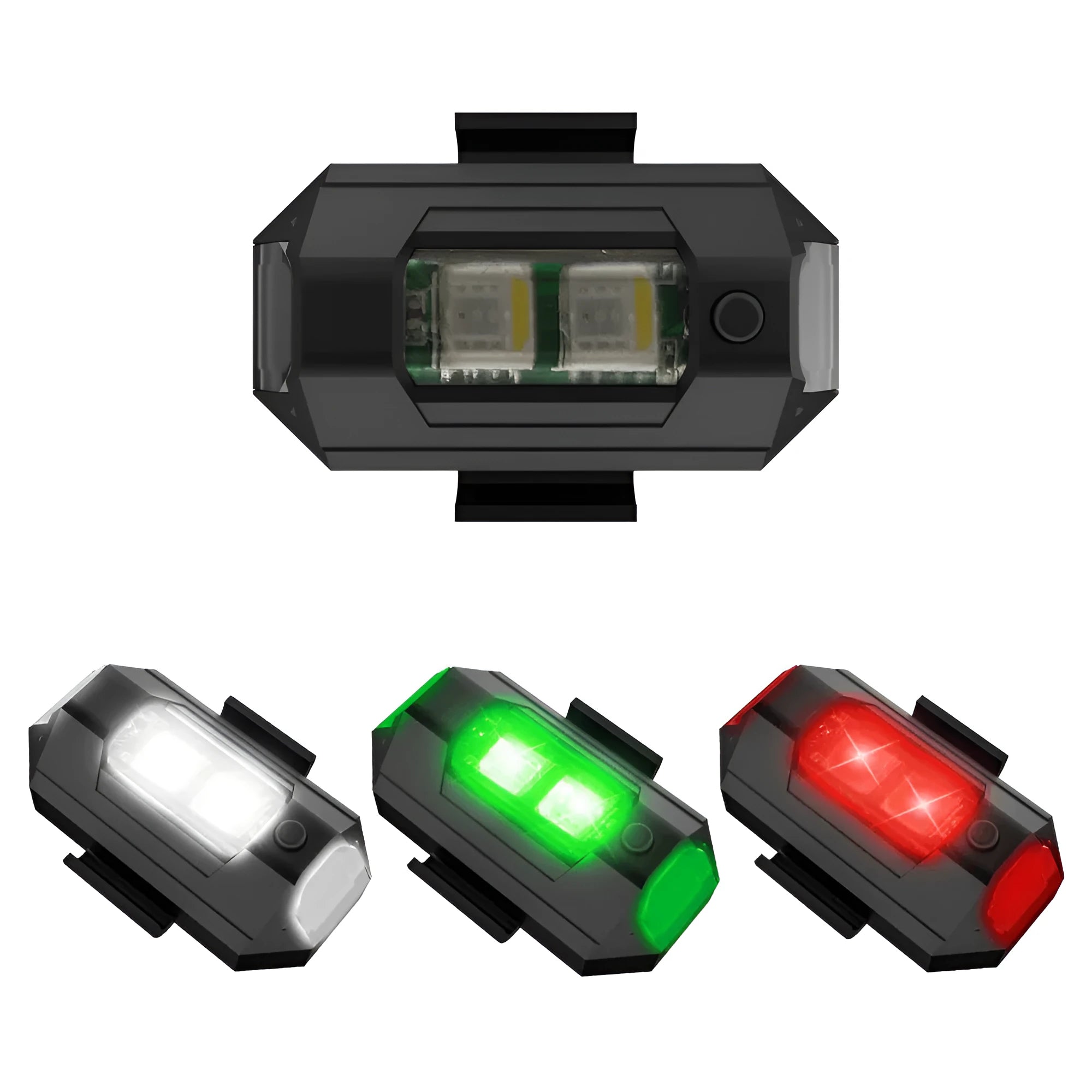 Drone signal light with RGB LED showing multiple colours, includes charging cable and mounting accessories