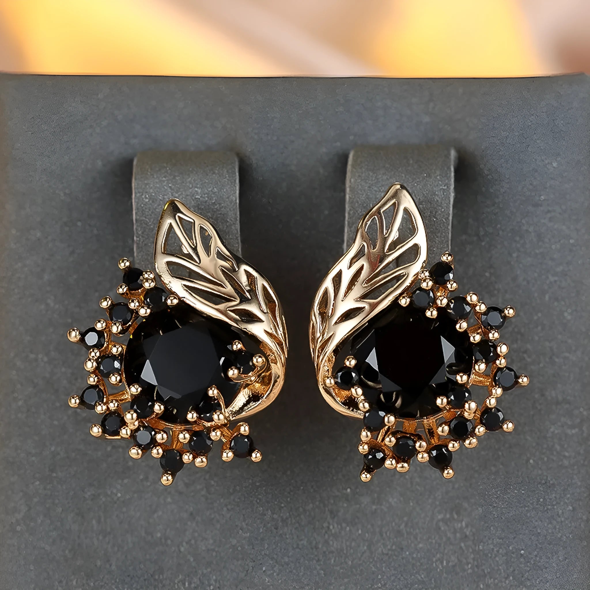 Round floral feather zircon earrings in rose gold with coloured diamond options